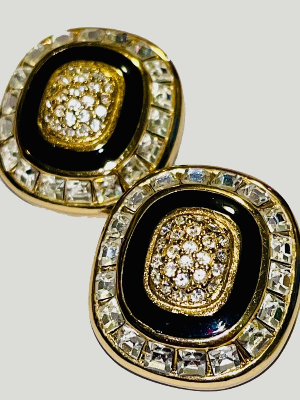 Vintage Christian Dior Black Enamel Rhinestone Gold Tone Clip-On Earrings